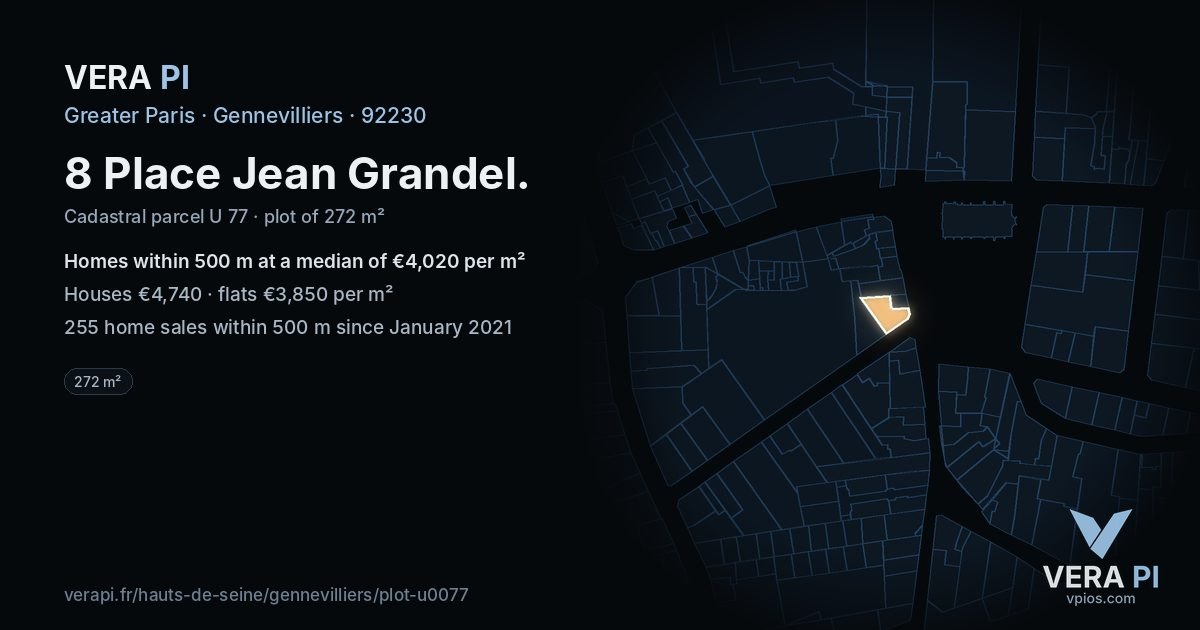8 Place Jean Grandel, Gennevilliers at night – the plot lit, the parcels around coloured by the prices near them