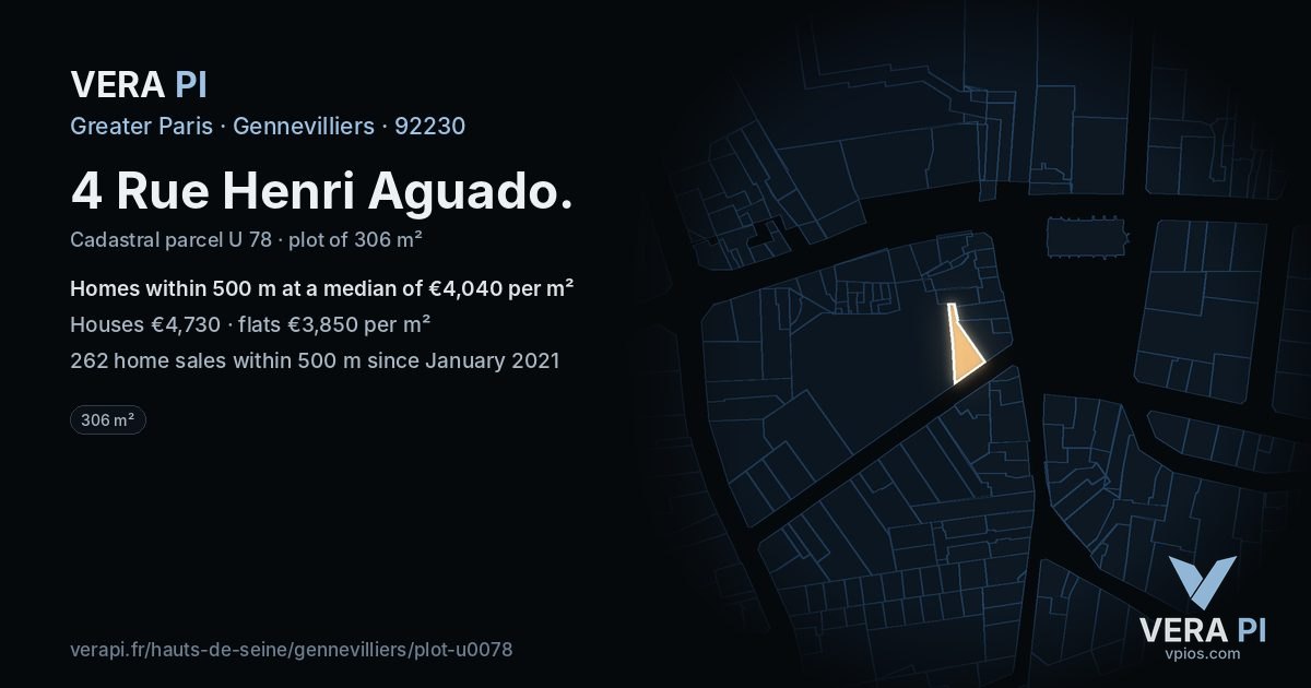 4 Rue Henri Aguado, Gennevilliers at night – the plot lit, the parcels around coloured by the prices near them