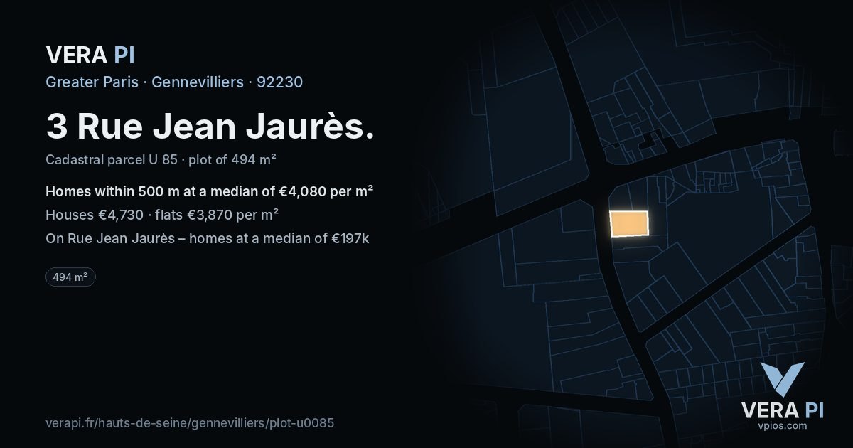 3 Rue Jean Jaurès, Gennevilliers at night – the plot lit, the parcels around coloured by the prices near them