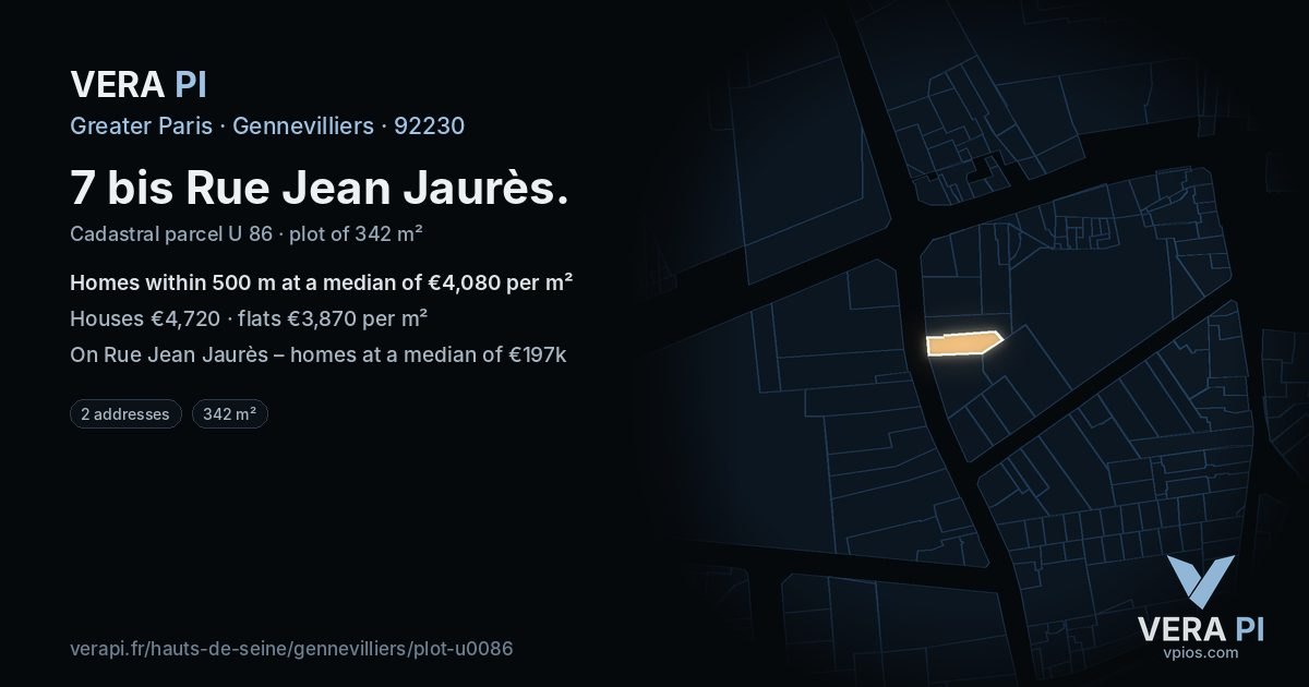 7 bis Rue Jean Jaurès, Gennevilliers at night – the plot lit, the parcels around coloured by the prices near them