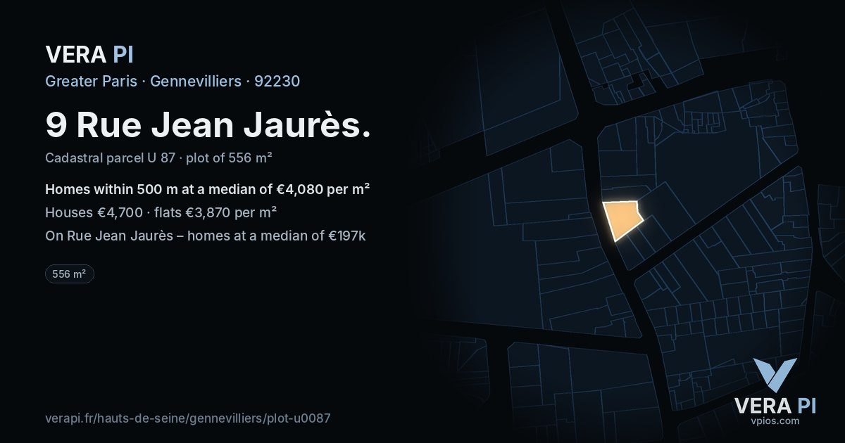 9 Rue Jean Jaurès, Gennevilliers at night – the plot lit, the parcels around coloured by the prices near them