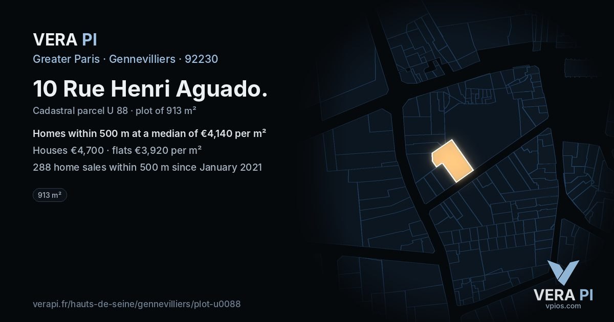 10 Rue Henri Aguado, Gennevilliers at night – the plot lit, the parcels around coloured by the prices near them