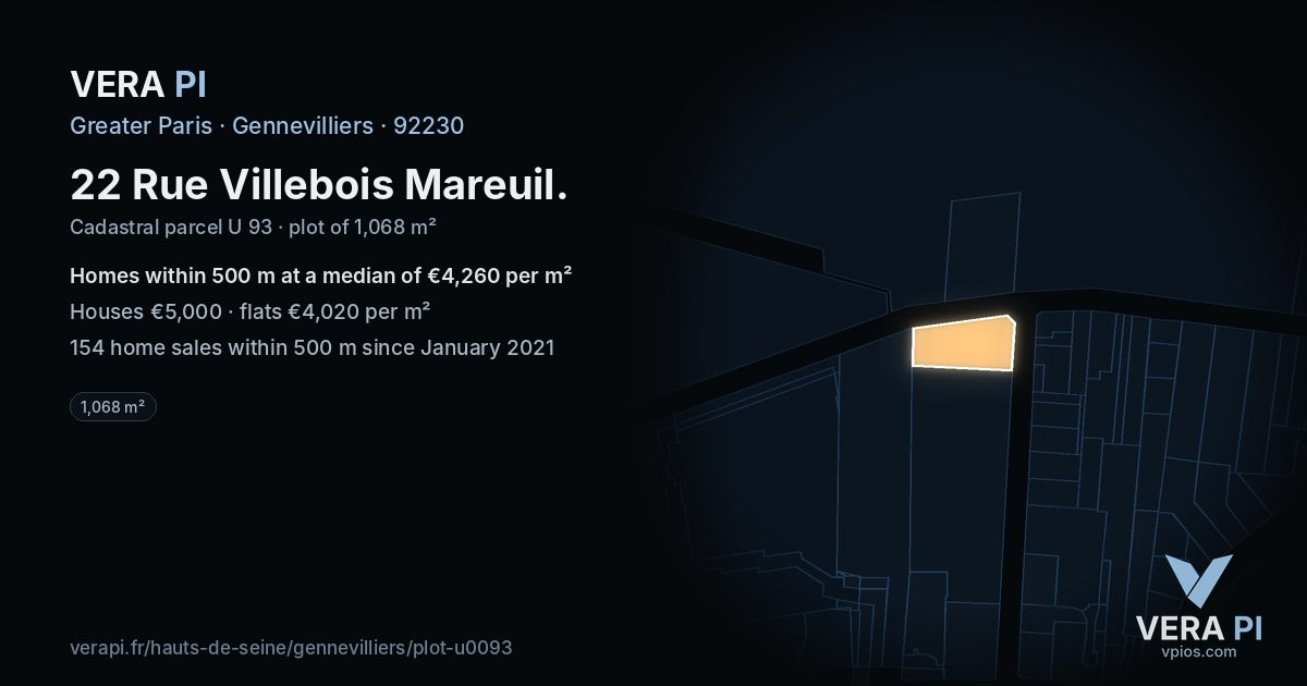 22 Rue Villebois Mareuil, Gennevilliers at night – the plot lit, the parcels around coloured by the prices near them