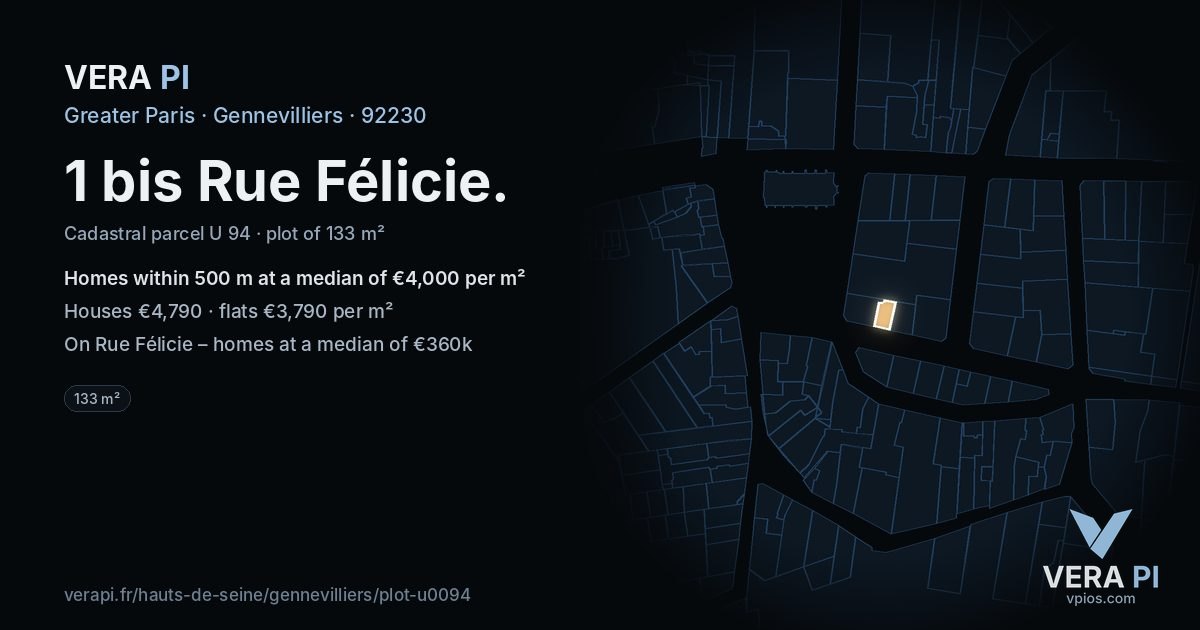 1 bis Rue Félicie, Gennevilliers at night – the plot lit, the parcels around coloured by the prices near them