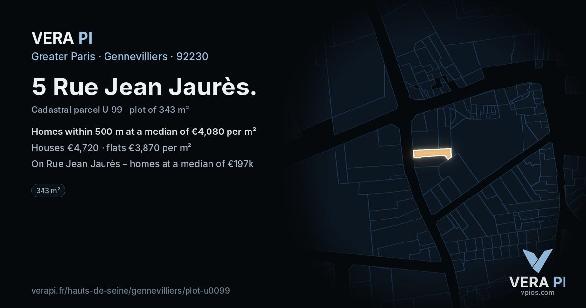 5 Rue Jean Jaurès, Gennevilliers at night – the plot lit, the parcels around coloured by the prices near them