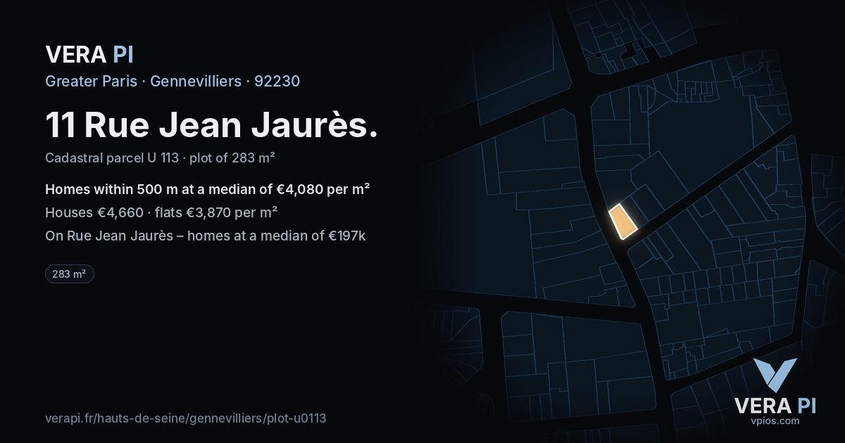 11 Rue Jean Jaurès, Gennevilliers at night – the plot lit, the parcels around coloured by the prices near them