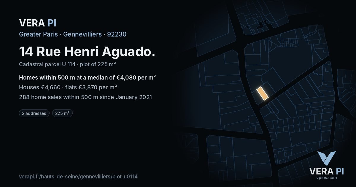 14 Rue Henri Aguado, Gennevilliers at night – the plot lit, the parcels around coloured by the prices near them