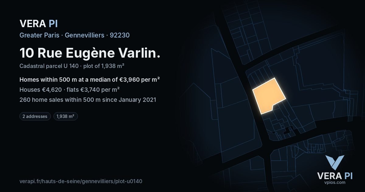10 Rue Eugène Varlin, Gennevilliers at night – the plot lit, the parcels around coloured by the prices near them
