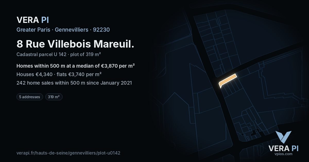 8 Rue Villebois Mareuil, Gennevilliers at night – the plot lit, the parcels around coloured by the prices near them