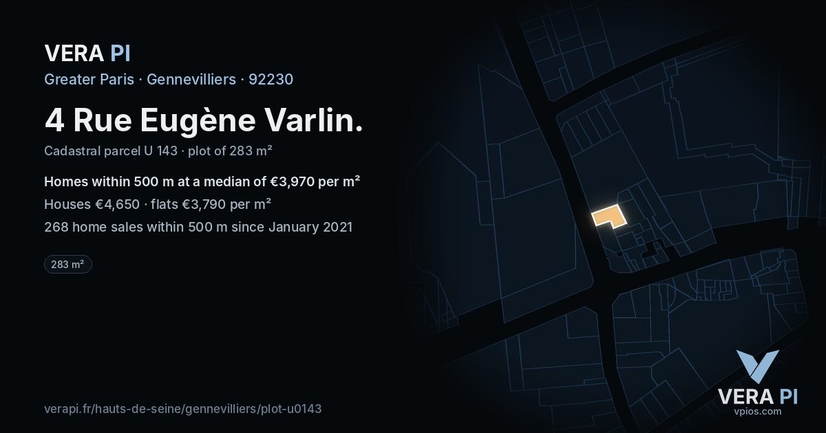 4 Rue Eugène Varlin, Gennevilliers at night – the plot lit, the parcels around coloured by the prices near them