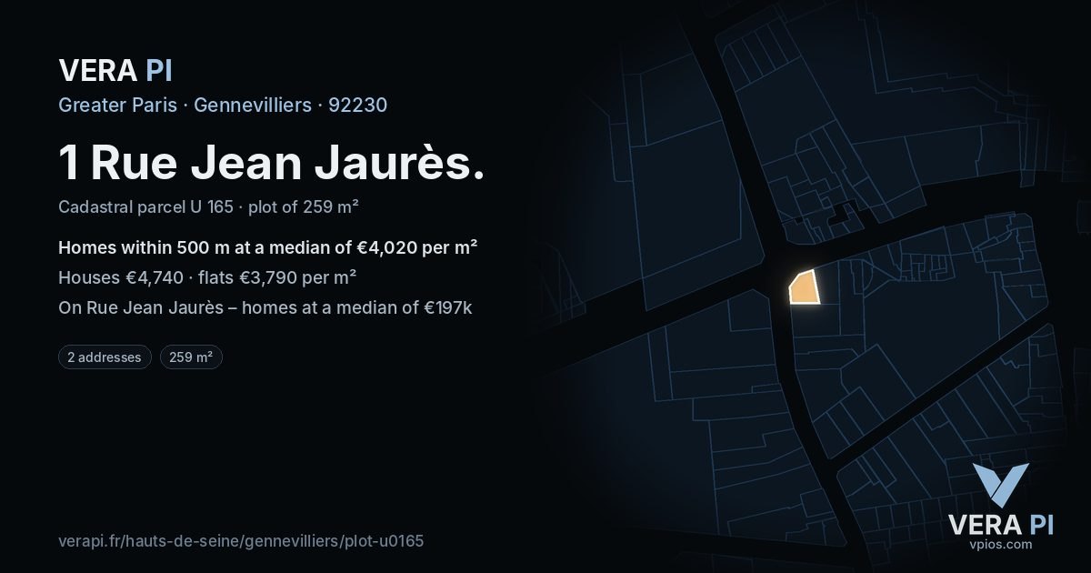 1 Rue Jean Jaurès, Gennevilliers at night – the plot lit, the parcels around coloured by the prices near them