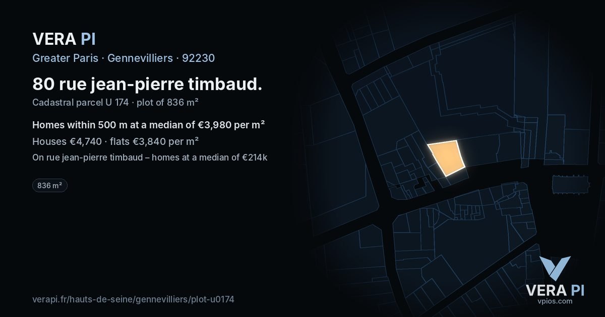 80 rue jean-pierre timbaud, Gennevilliers at night – the plot lit, the parcels around coloured by the prices near them