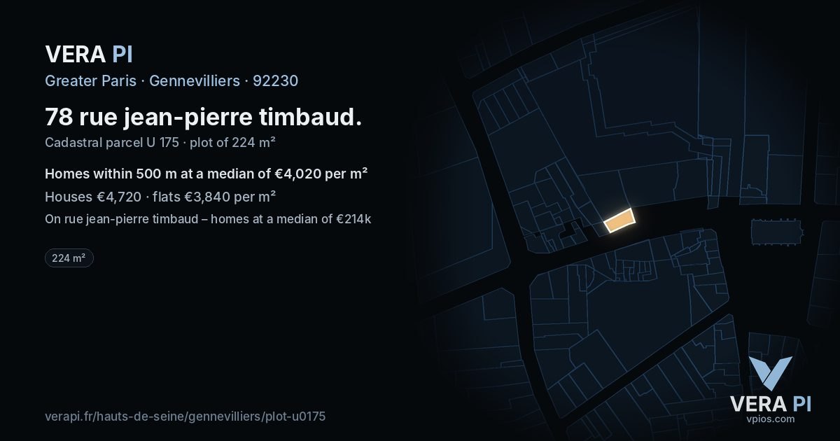 78 rue jean-pierre timbaud, Gennevilliers at night – the plot lit, the parcels around coloured by the prices near them