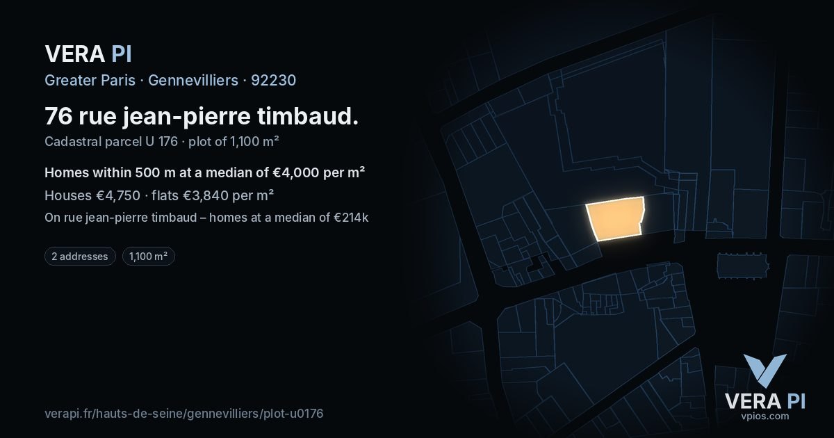 76 rue jean-pierre timbaud, Gennevilliers at night – the plot lit, the parcels around coloured by the prices near them