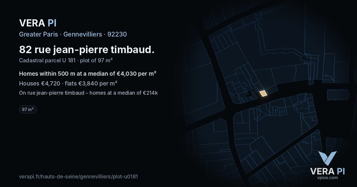 82 rue jean-pierre timbaud, Gennevilliers at night – the plot lit, the parcels around coloured by the prices near them