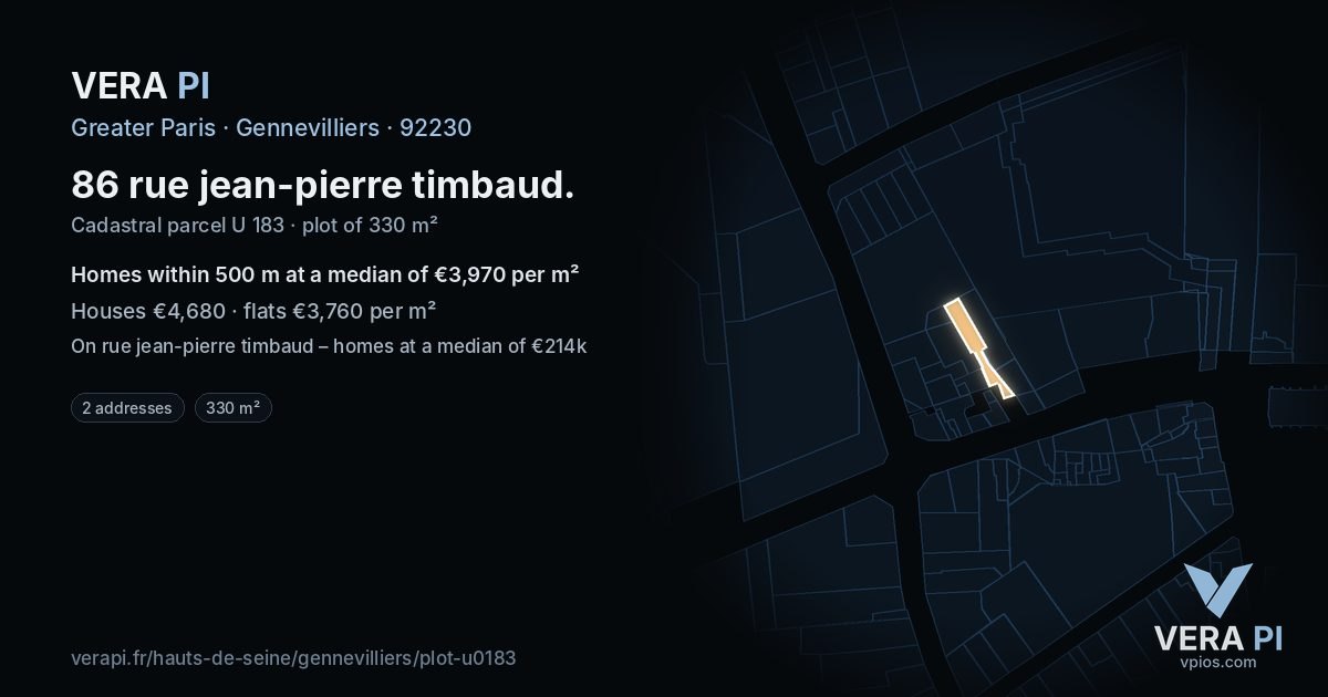 86 rue jean-pierre timbaud, Gennevilliers at night – the plot lit, the parcels around coloured by the prices near them