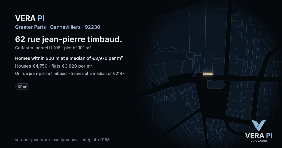 62 rue jean-pierre timbaud, Gennevilliers at night – the plot lit, the parcels around coloured by the prices near them
