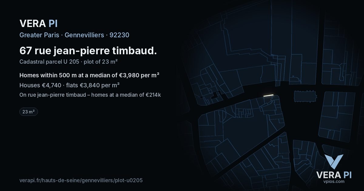 67 rue jean-pierre timbaud, Gennevilliers at night – the plot lit, the parcels around coloured by the prices near them