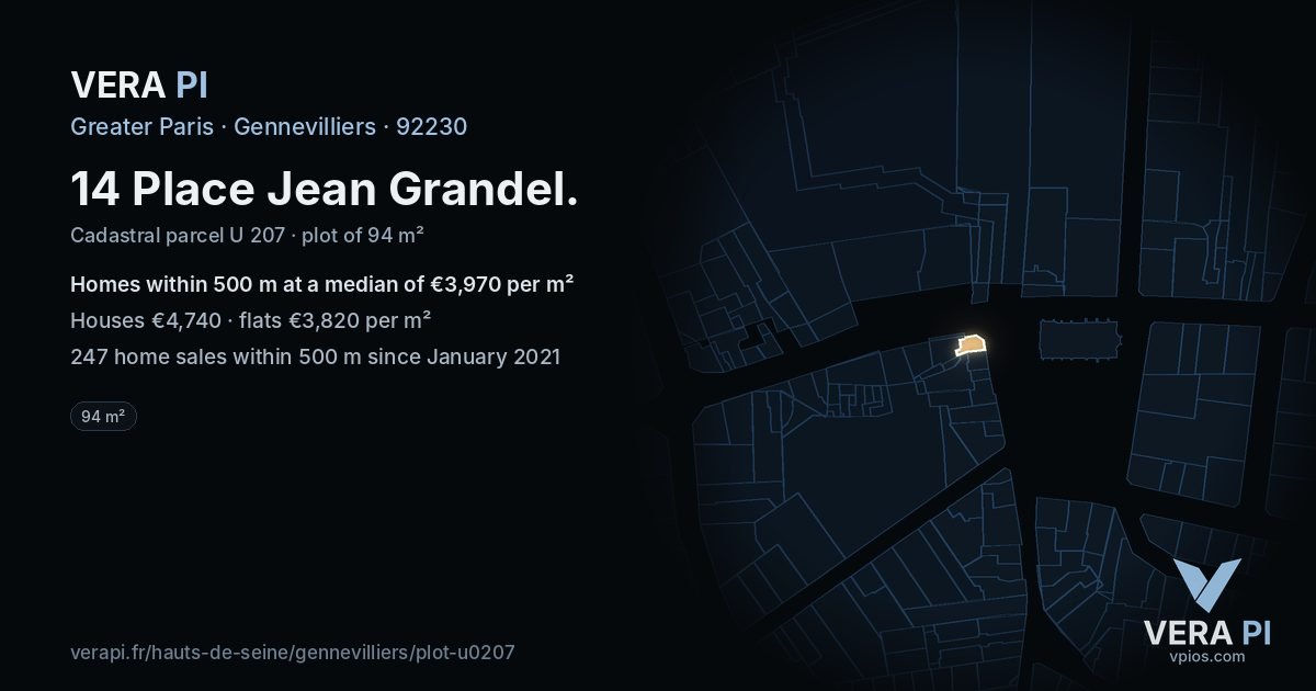 14 Place Jean Grandel, Gennevilliers at night – the plot lit, the parcels around coloured by the prices near them