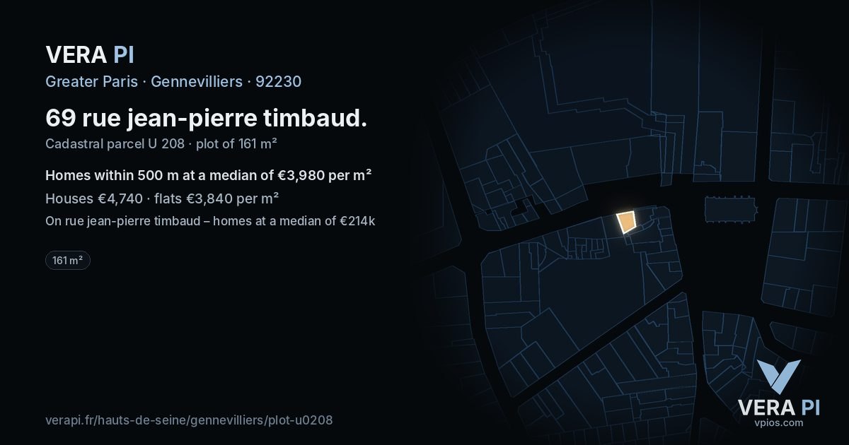 69 rue jean-pierre timbaud, Gennevilliers at night – the plot lit, the parcels around coloured by the prices near them