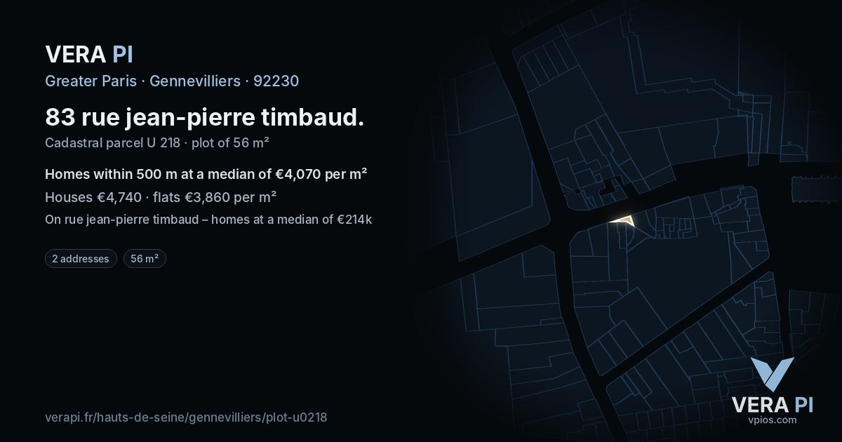 83 rue jean-pierre timbaud, Gennevilliers at night – the plot lit, the parcels around coloured by the prices near them