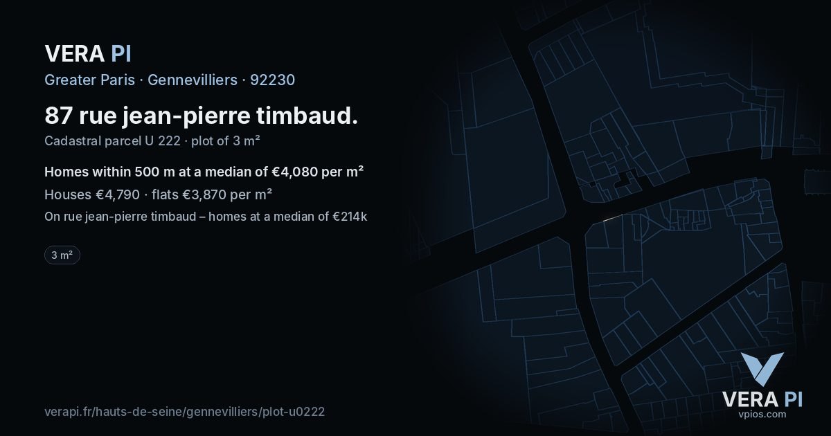 87 rue jean-pierre timbaud, Gennevilliers at night – the plot lit, the parcels around coloured by the prices near them