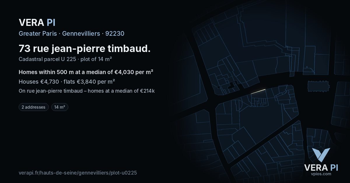 73 rue jean-pierre timbaud, Gennevilliers at night – the plot lit, the parcels around coloured by the prices near them