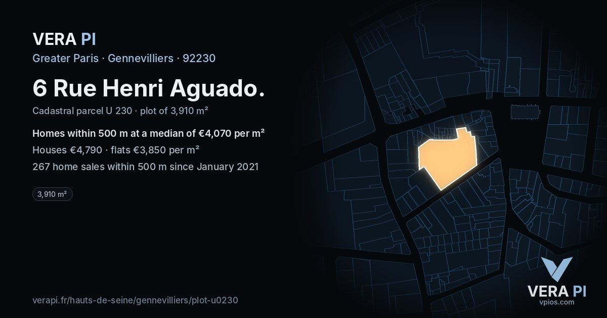 6 Rue Henri Aguado, Gennevilliers at night – the plot lit, the parcels around coloured by the prices near them