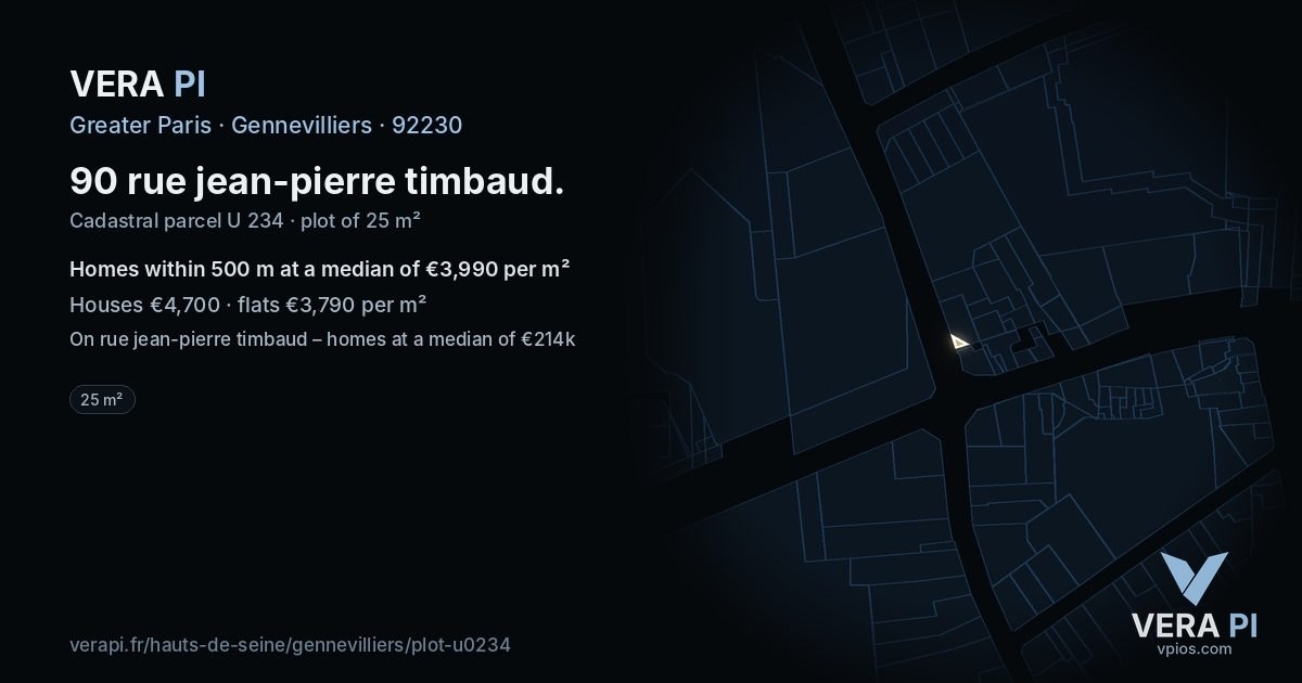 90 rue jean-pierre timbaud, Gennevilliers at night – the plot lit, the parcels around coloured by the prices near them