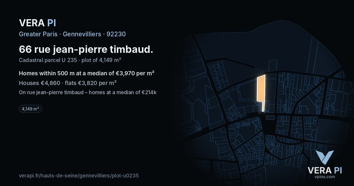 66 rue jean-pierre timbaud, Gennevilliers at night – the plot lit, the parcels around coloured by the prices near them