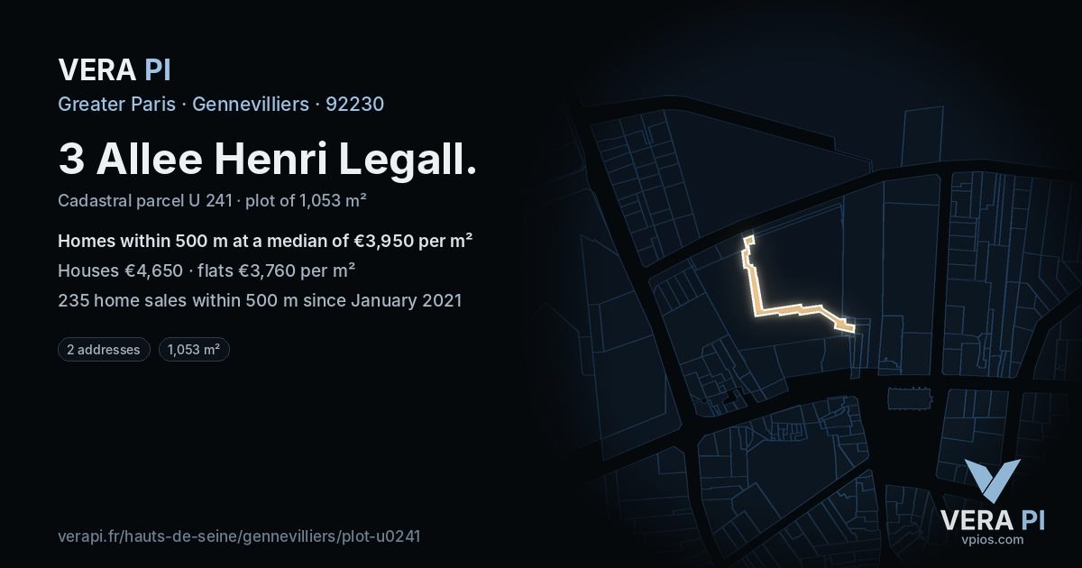 3 Allee Henri Legall, Gennevilliers at night – the plot lit, the parcels around coloured by the prices near them