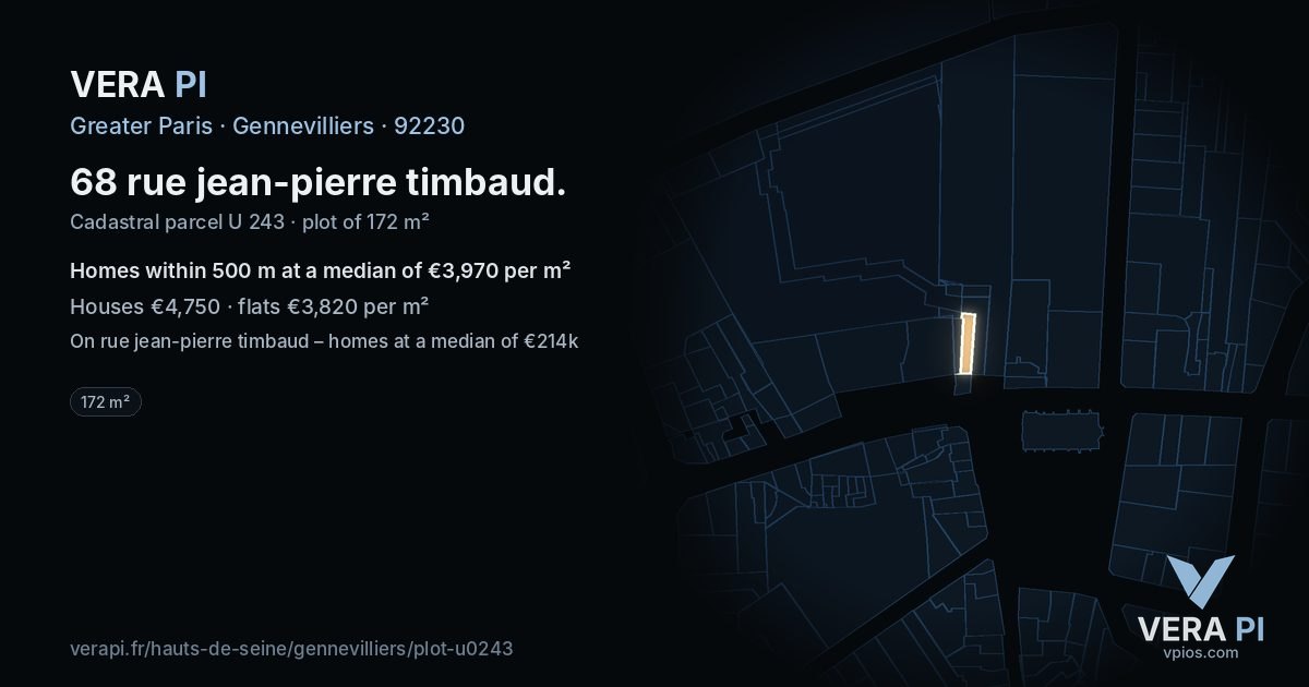 68 rue jean-pierre timbaud, Gennevilliers at night – the plot lit, the parcels around coloured by the prices near them