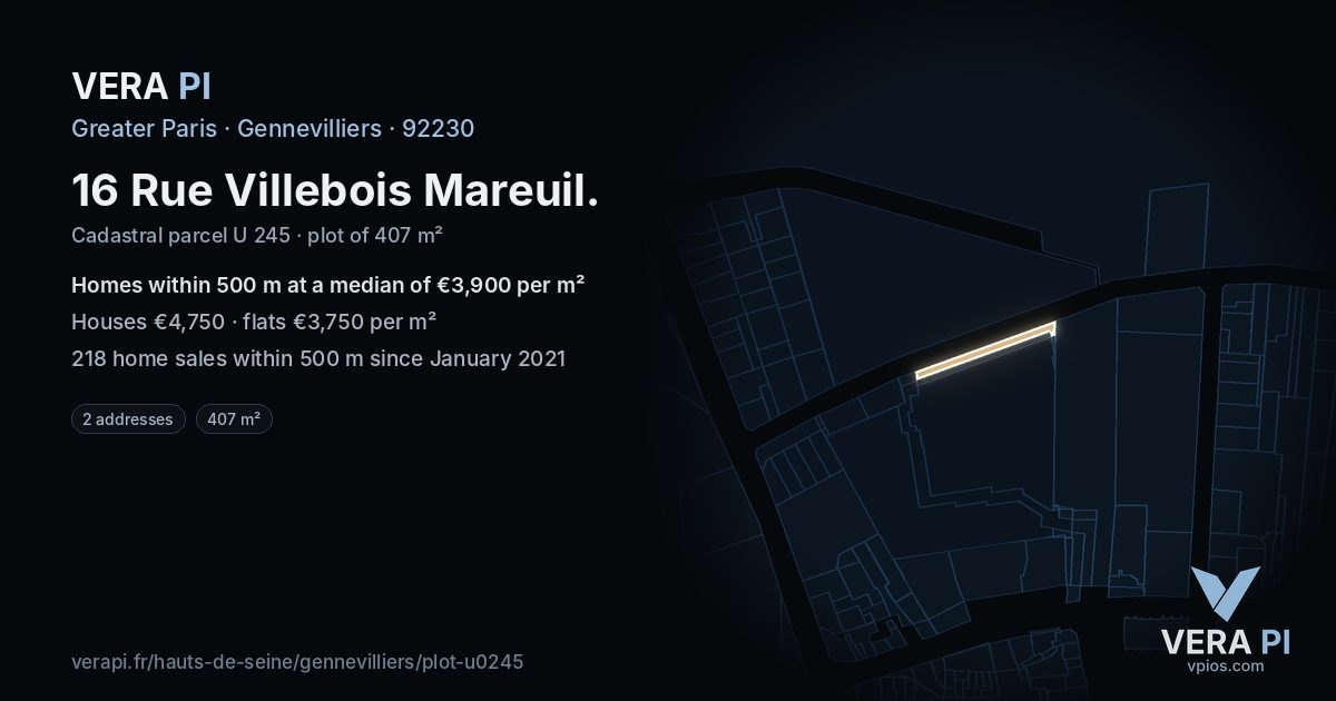 16 Rue Villebois Mareuil, Gennevilliers at night – the plot lit, the parcels around coloured by the prices near them