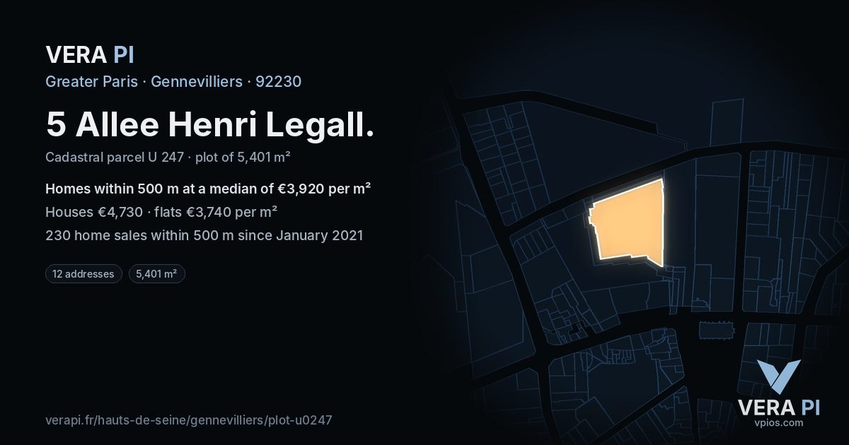 5 Allee Henri Legall, Gennevilliers at night – the plot lit, the parcels around coloured by the prices near them