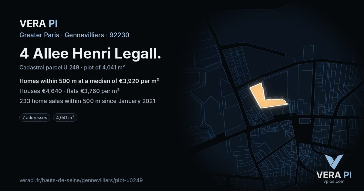 4 Allee Henri Legall, Gennevilliers at night – the plot lit, the parcels around coloured by the prices near them