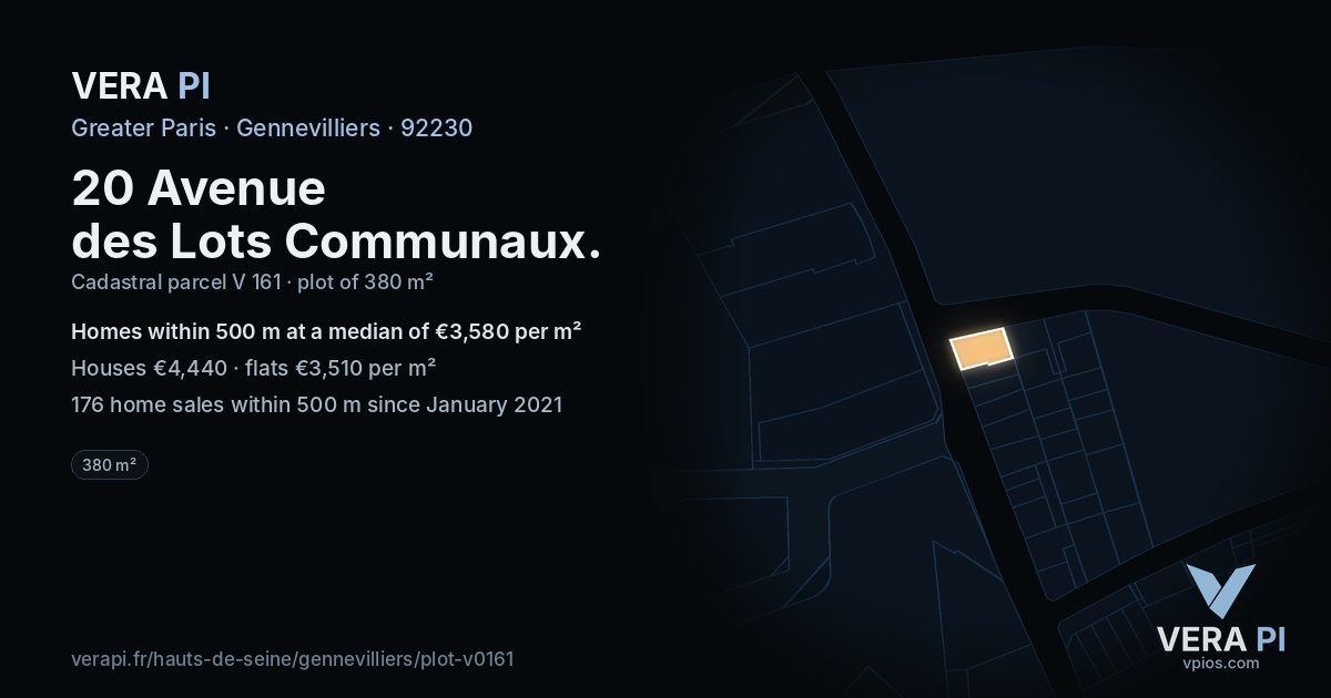 20 Avenue des Lots Communaux, Gennevilliers at night – the plot lit, the parcels around coloured by the prices near them