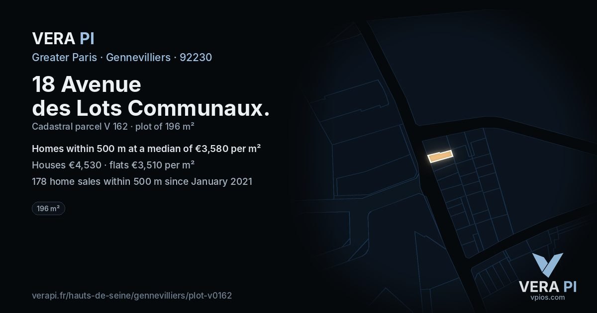 18 Avenue des Lots Communaux, Gennevilliers at night – the plot lit, the parcels around coloured by the prices near them