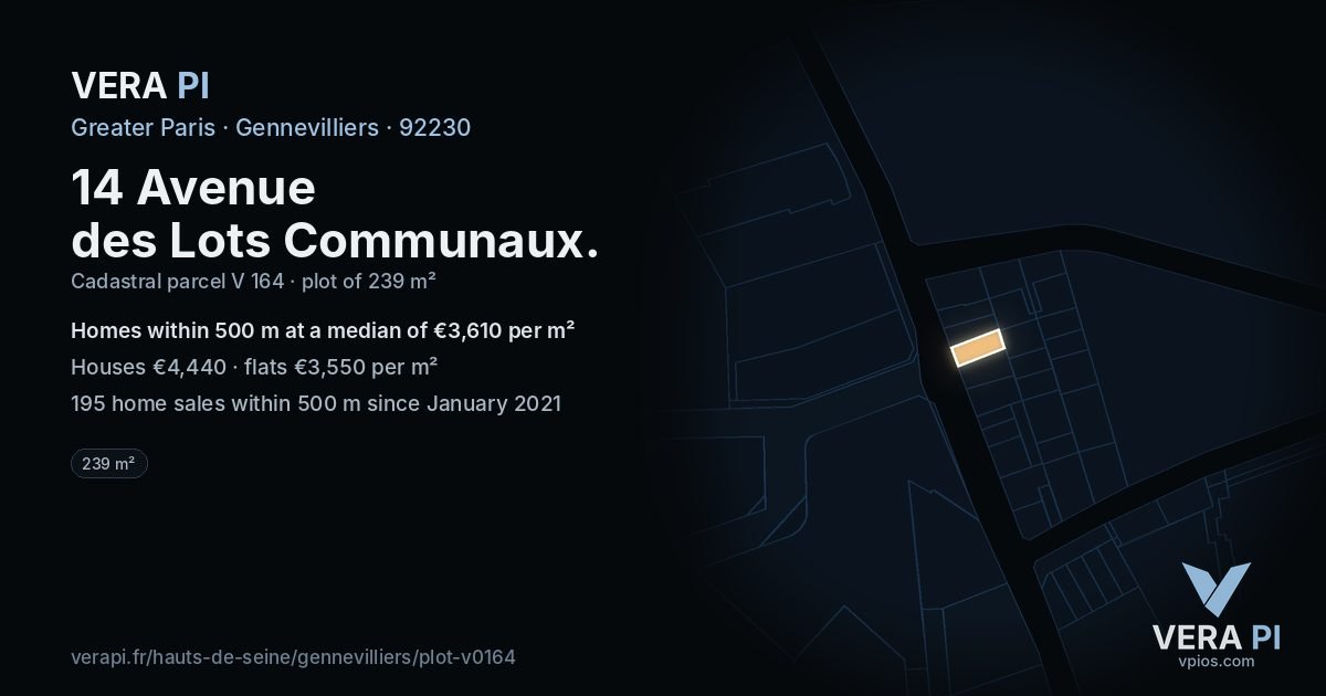 14 Avenue des Lots Communaux, Gennevilliers at night – the plot lit, the parcels around coloured by the prices near them