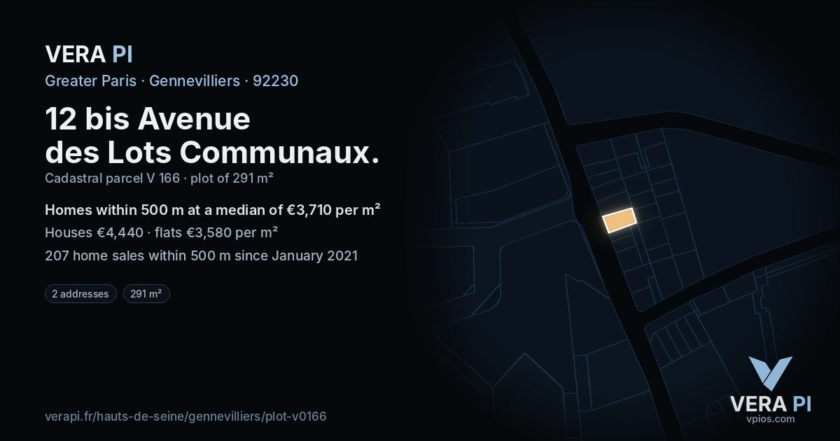 12 bis Avenue des Lots Communaux, Gennevilliers at night – the plot lit, the parcels around coloured by the prices near them