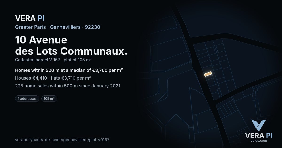 10 Avenue des Lots Communaux, Gennevilliers at night – the plot lit, the parcels around coloured by the prices near them