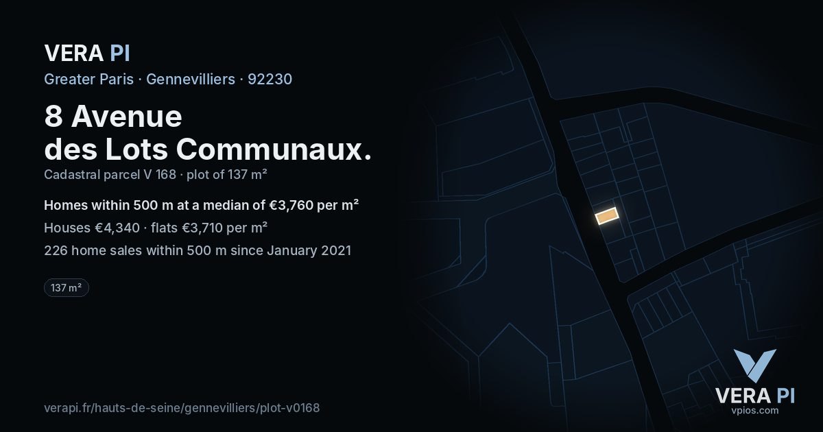 8 Avenue des Lots Communaux, Gennevilliers at night – the plot lit, the parcels around coloured by the prices near them