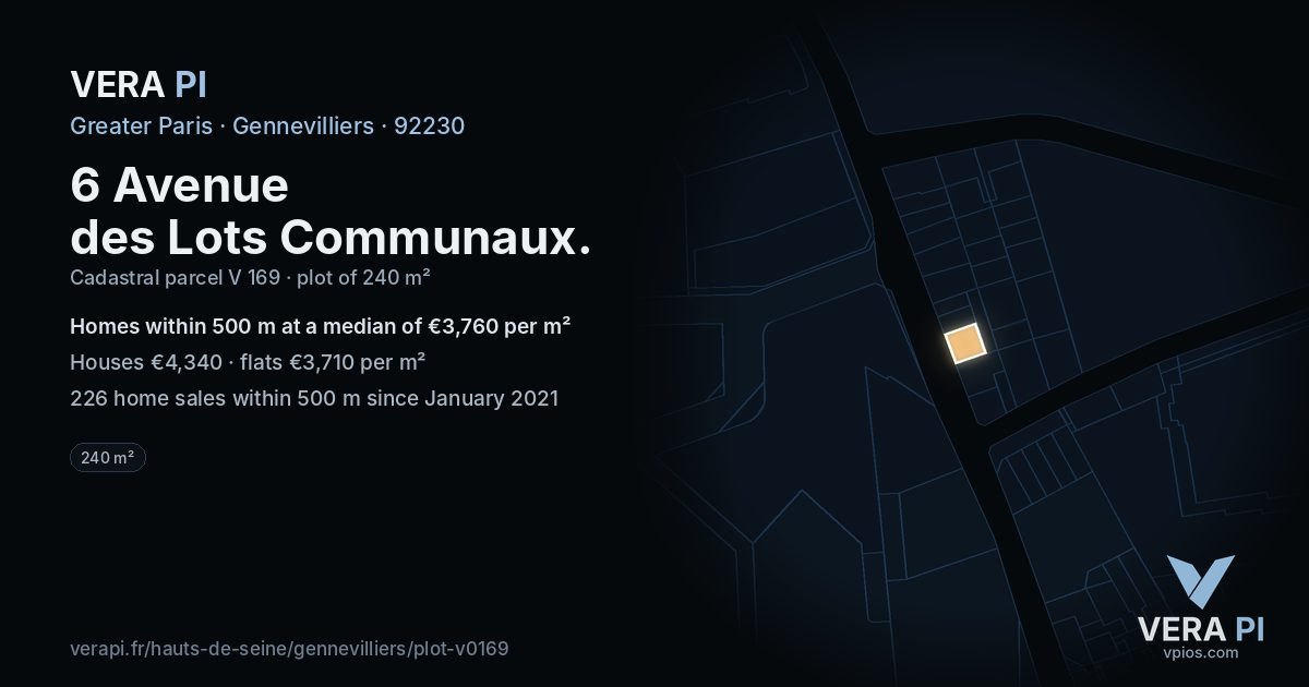 6 Avenue des Lots Communaux, Gennevilliers at night – the plot lit, the parcels around coloured by the prices near them