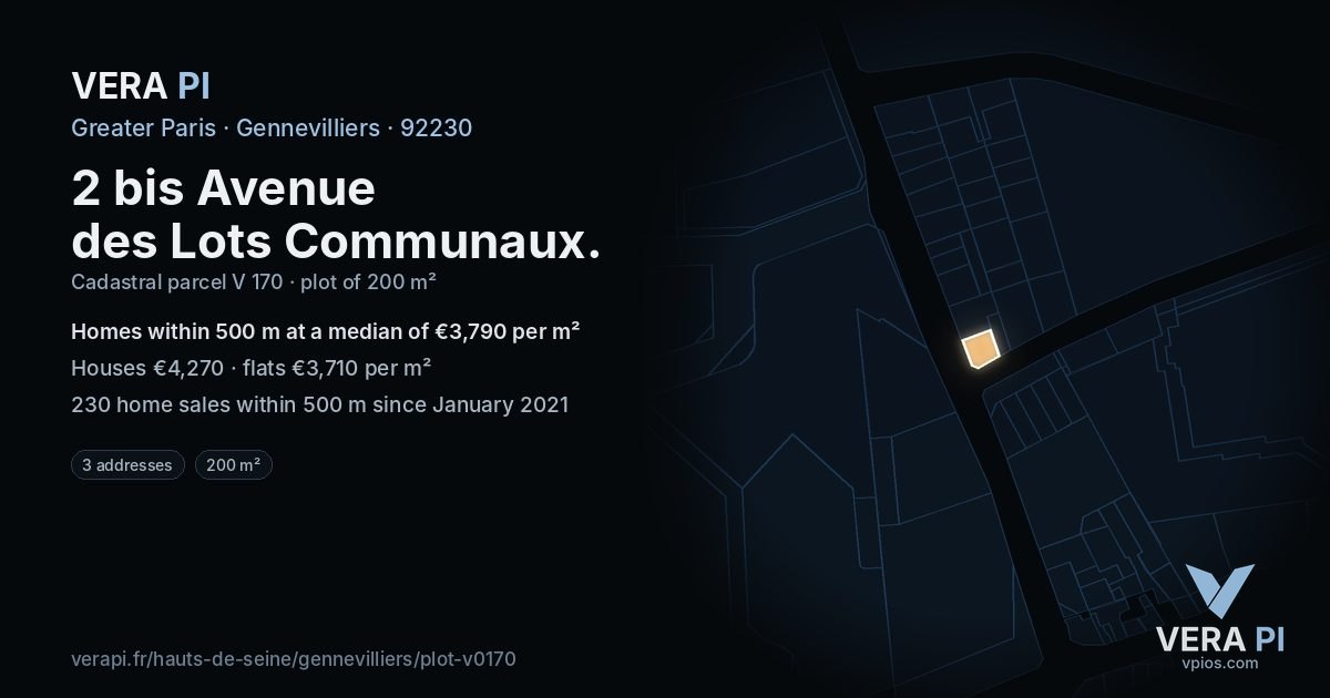 2 bis Avenue des Lots Communaux, Gennevilliers at night – the plot lit, the parcels around coloured by the prices near them