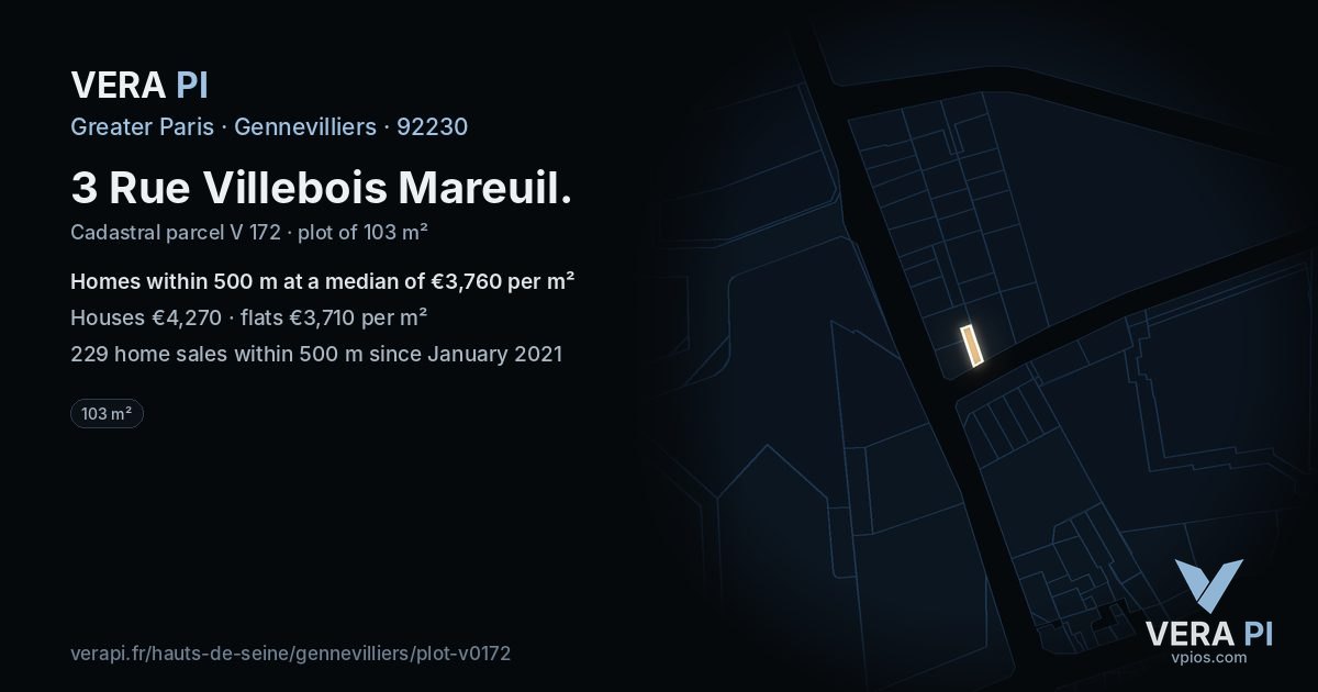 3 Rue Villebois Mareuil, Gennevilliers at night – the plot lit, the parcels around coloured by the prices near them