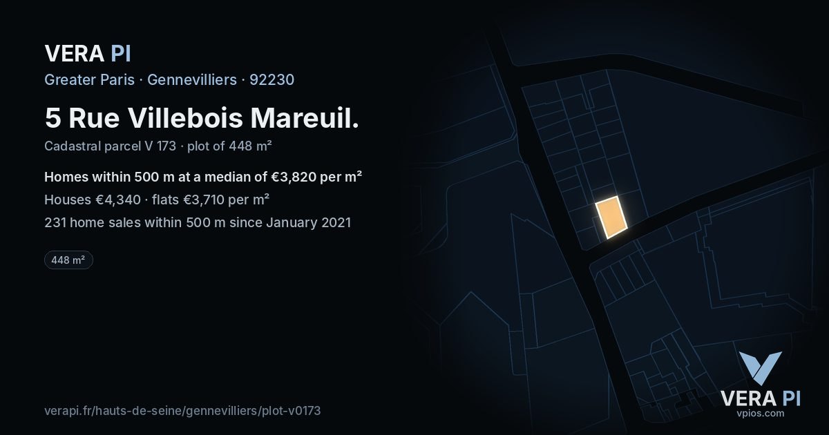 5 Rue Villebois Mareuil, Gennevilliers at night – the plot lit, the parcels around coloured by the prices near them