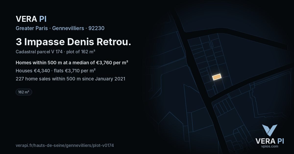 3 Impasse Denis Retrou, Gennevilliers at night – the plot lit, the parcels around coloured by the prices near them