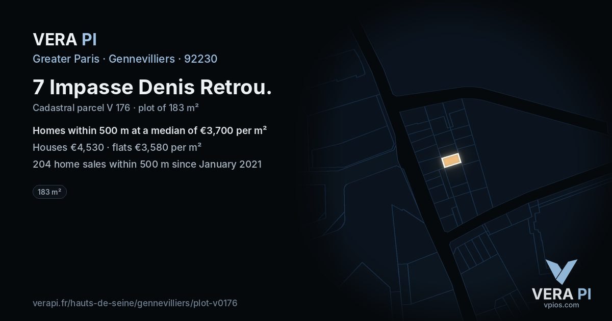 7 Impasse Denis Retrou, Gennevilliers at night – the plot lit, the parcels around coloured by the prices near them