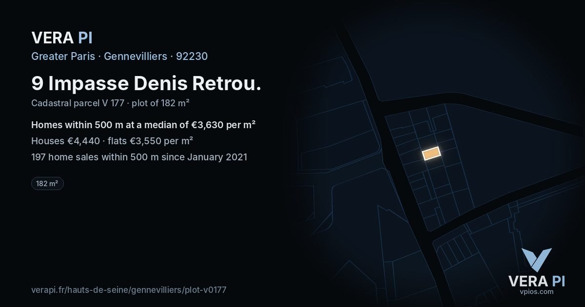 9 Impasse Denis Retrou, Gennevilliers at night – the plot lit, the parcels around coloured by the prices near them