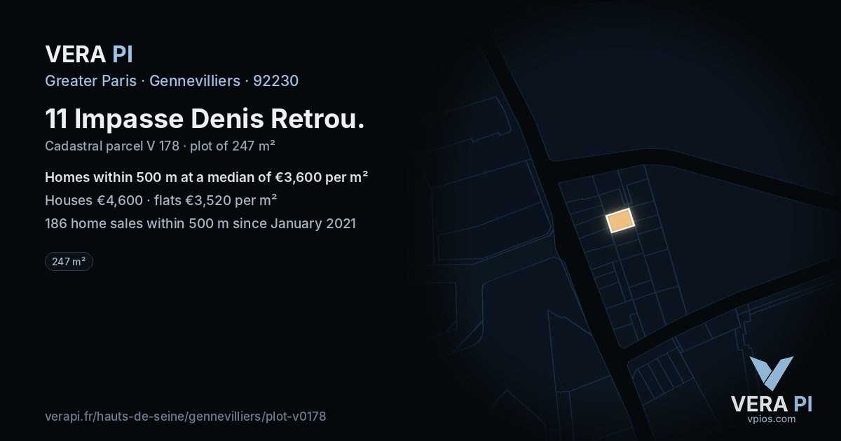 11 Impasse Denis Retrou, Gennevilliers at night – the plot lit, the parcels around coloured by the prices near them