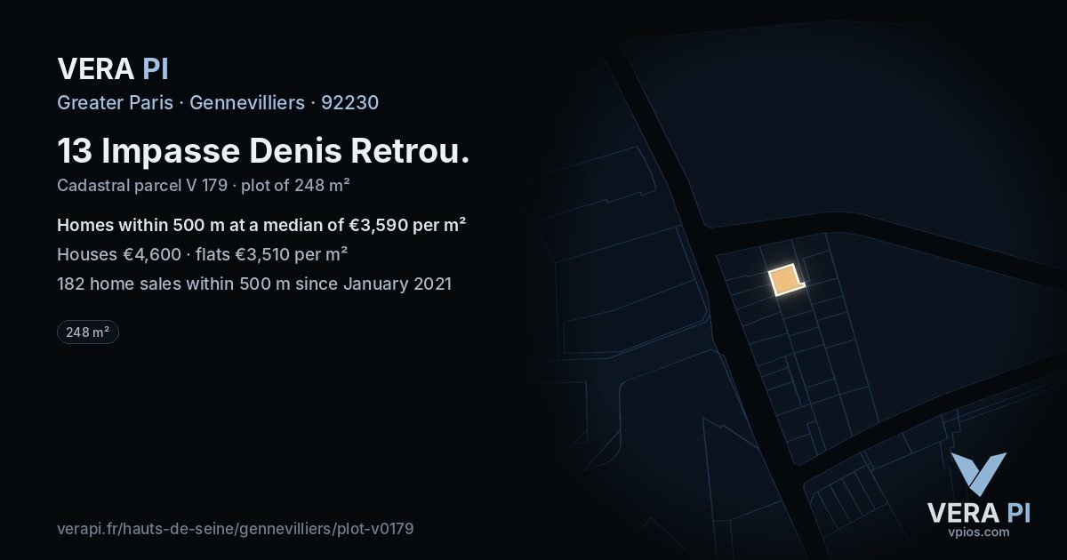 13 Impasse Denis Retrou, Gennevilliers at night – the plot lit, the parcels around coloured by the prices near them
